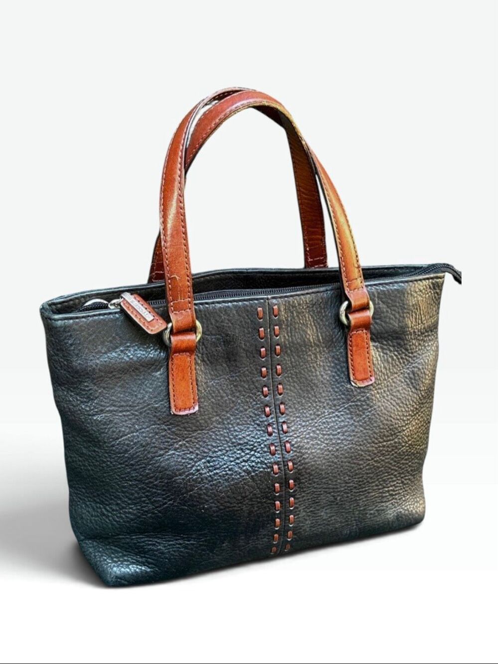 Fossil Black Leather Shoulder Bag with Tan Handles